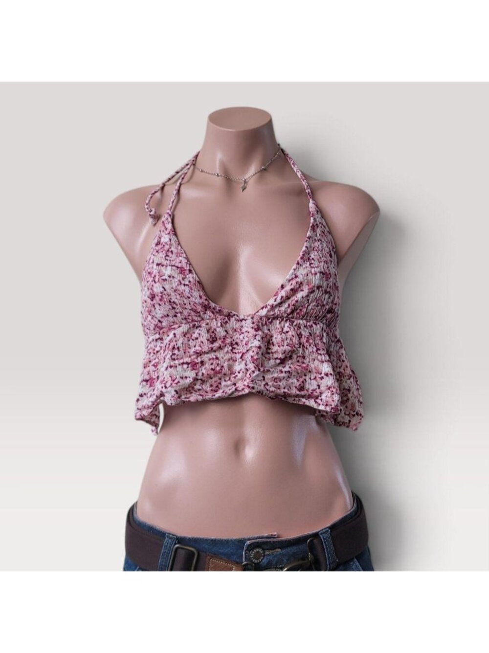 Red &amp; Bright Pink Open Back Halter Summer Bikini Top (S)